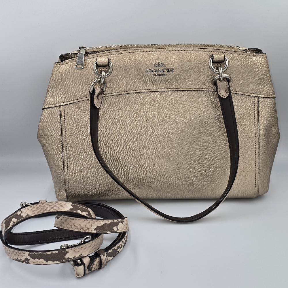 COACH F38880 Brooke Carryall Metallic Platinum Crossgrain Leather Snakeskin *
